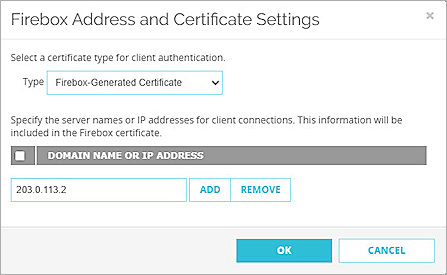Screenshot of Firebox, IKEv2 Firebox Address and Certificate Settings